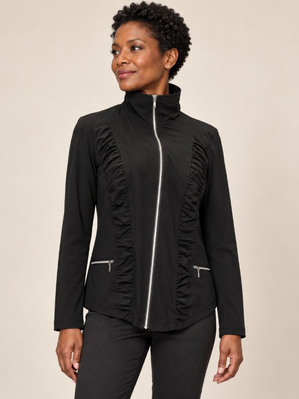 Chico’s Zenergy Black Zip Front Ruched Jacket Size 0 Athleisure Stretch